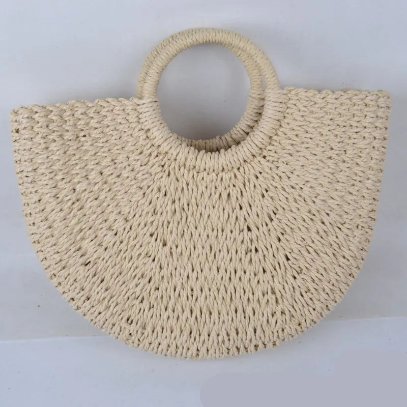 Moon-Shaped Handmade Straw Beach Bag – Boho Chic Summer Tote Handbag for Women & Holiday Travel