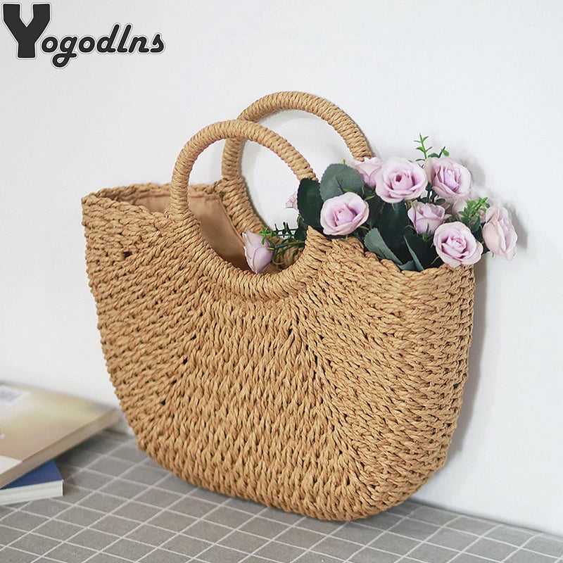 Moon-Shaped Handmade Straw Beach Bag – Boho Chic Summer Tote Handbag for Women & Holiday Travel