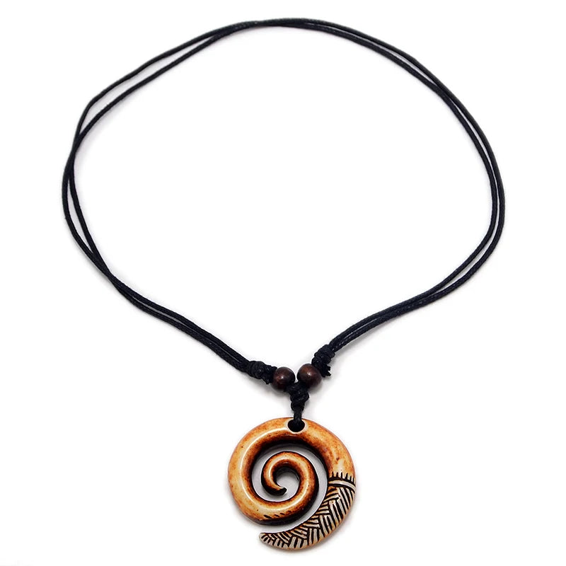 NZ Maori Spiral Koru Pendant Necklace Tribal Resin Choker Adjustable Rope Unisex Vintage Amulet