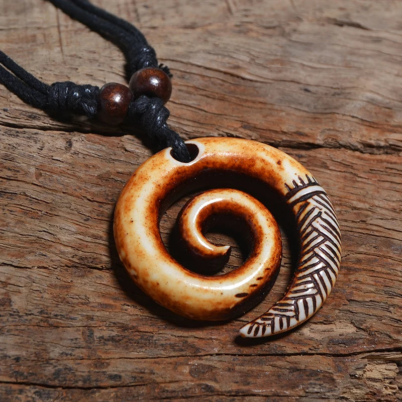 NZ Maori Spiral Koru Pendant Necklace Tribal Resin Choker Adjustable Rope Unisex Vintage Amulet