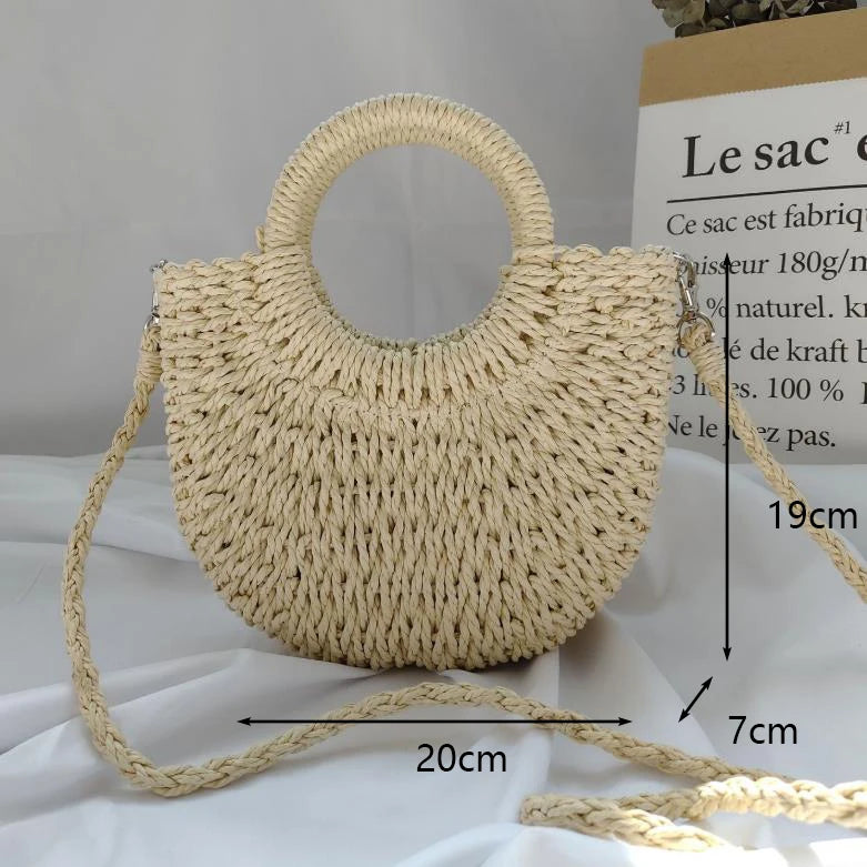 Moon-Shaped Handmade Straw Beach Bag – Boho Chic Summer Tote Handbag for Women & Holiday Travel