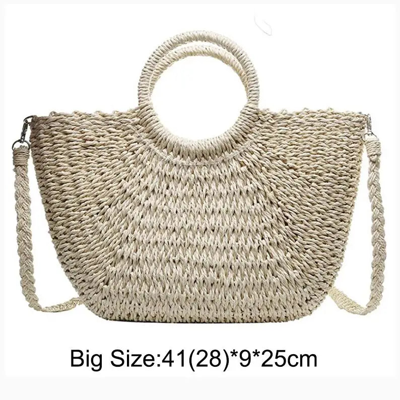 Moon-Shaped Handmade Straw Beach Bag – Boho Chic Summer Tote Handbag for Women & Holiday Travel