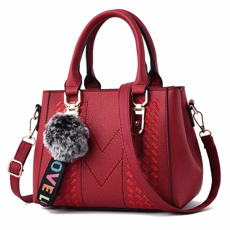 YOGODLNS Women's Embroidery Messenger Bag Leather Handbag Satchel with Fur Hair Ball Accessory