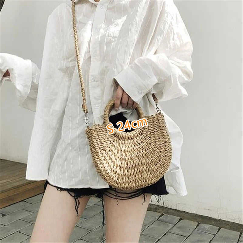 Moon-Shaped Handmade Straw Beach Bag – Boho Chic Summer Tote Handbag for Women & Holiday Travel