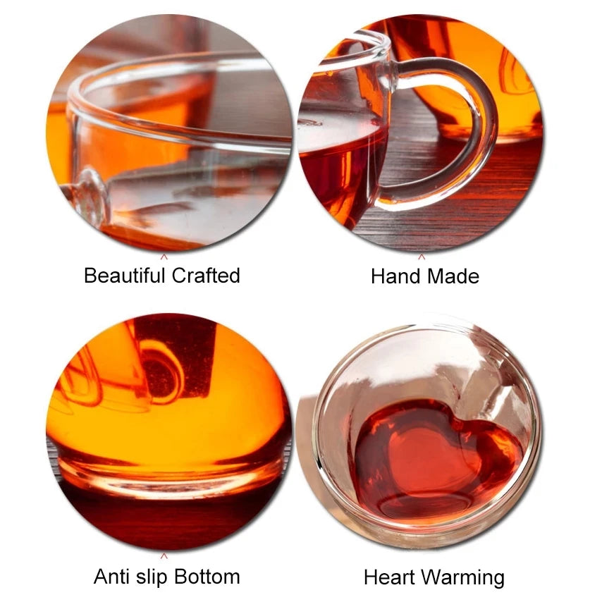 Heart Love Shaped Double Glass Mug Heat Resistant Transparent Coffee Tea Cup Romantic Gift