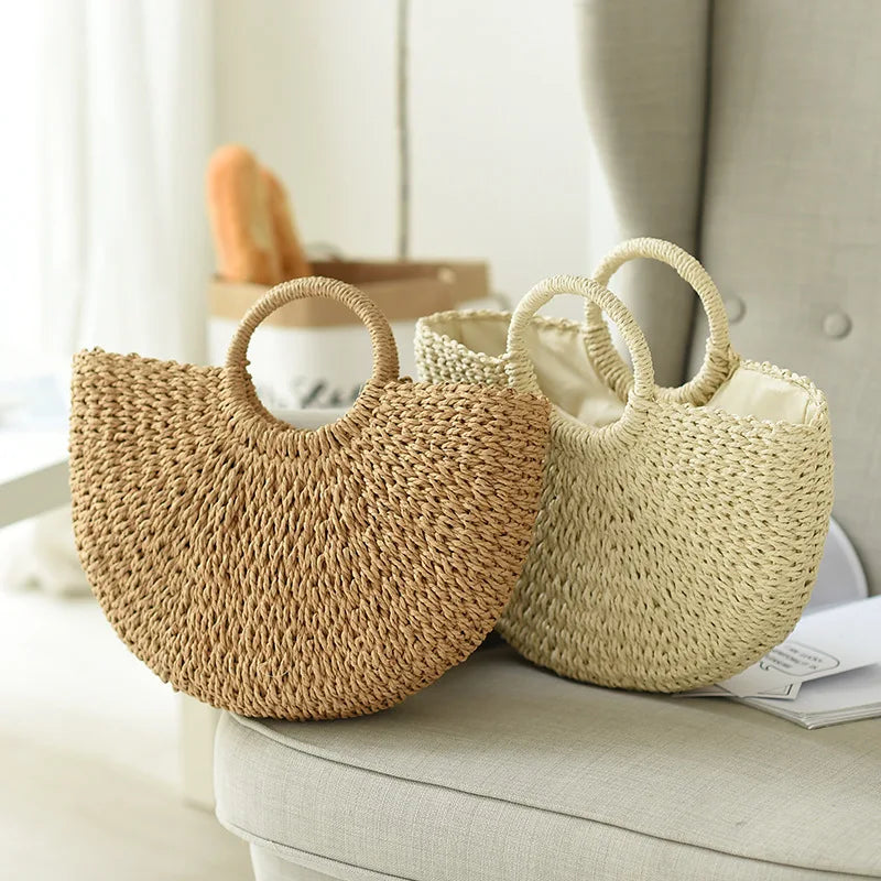 Moon-Shaped Handmade Straw Beach Bag – Boho Chic Summer Tote Handbag for Women & Holiday Travel