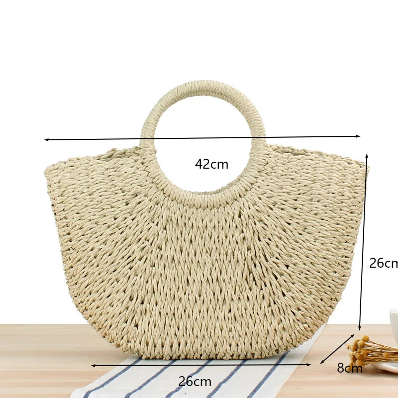 Moon-Shaped Handmade Straw Beach Bag – Boho Chic Summer Tote Handbag for Women & Holiday Travel