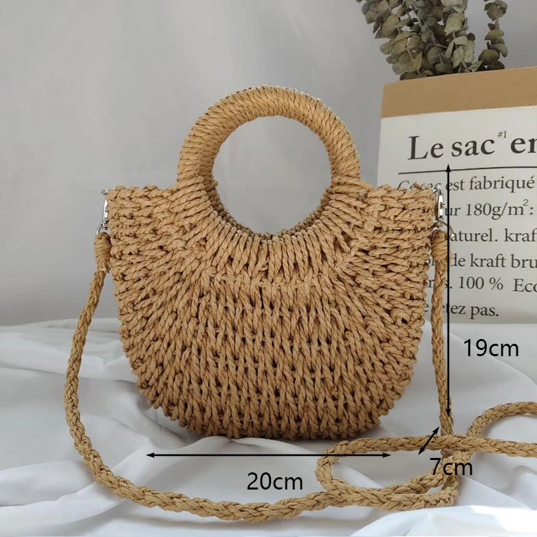 Moon-Shaped Handmade Straw Beach Bag – Boho Chic Summer Tote Handbag for Women & Holiday Travel