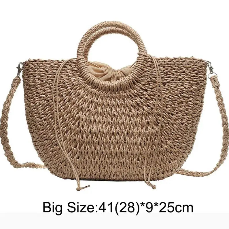 Moon-Shaped Handmade Straw Beach Bag – Boho Chic Summer Tote Handbag for Women & Holiday Travel