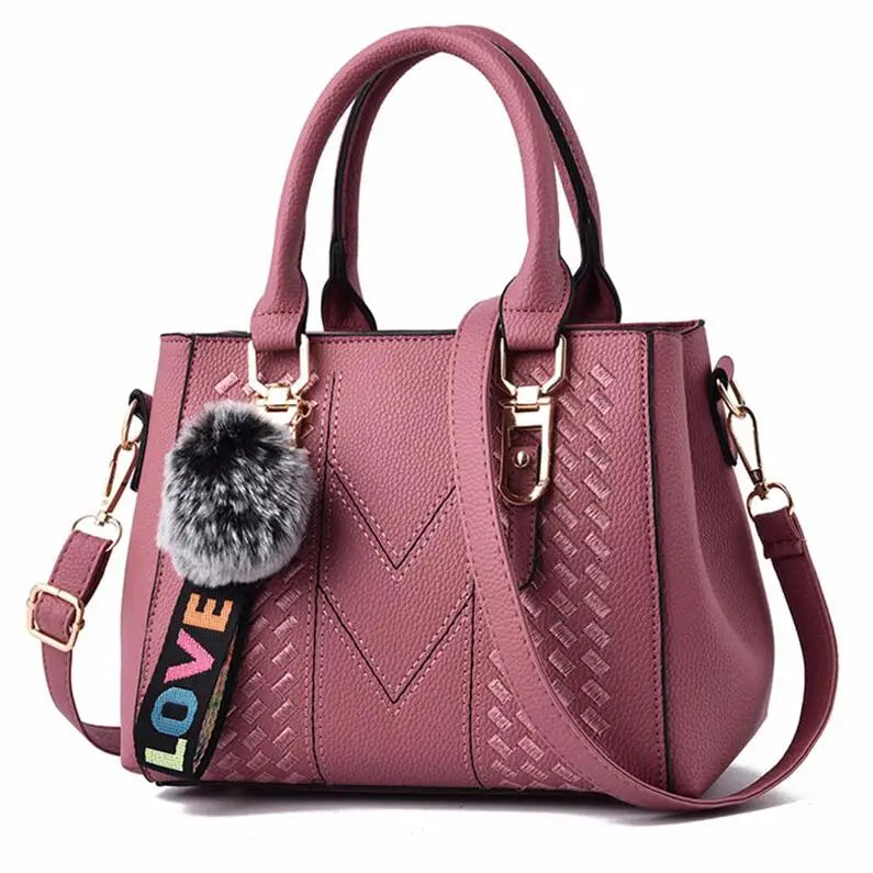 YOGODLNS Women's Embroidery Messenger Bag Leather Handbag Satchel with Fur Hair Ball Accessory