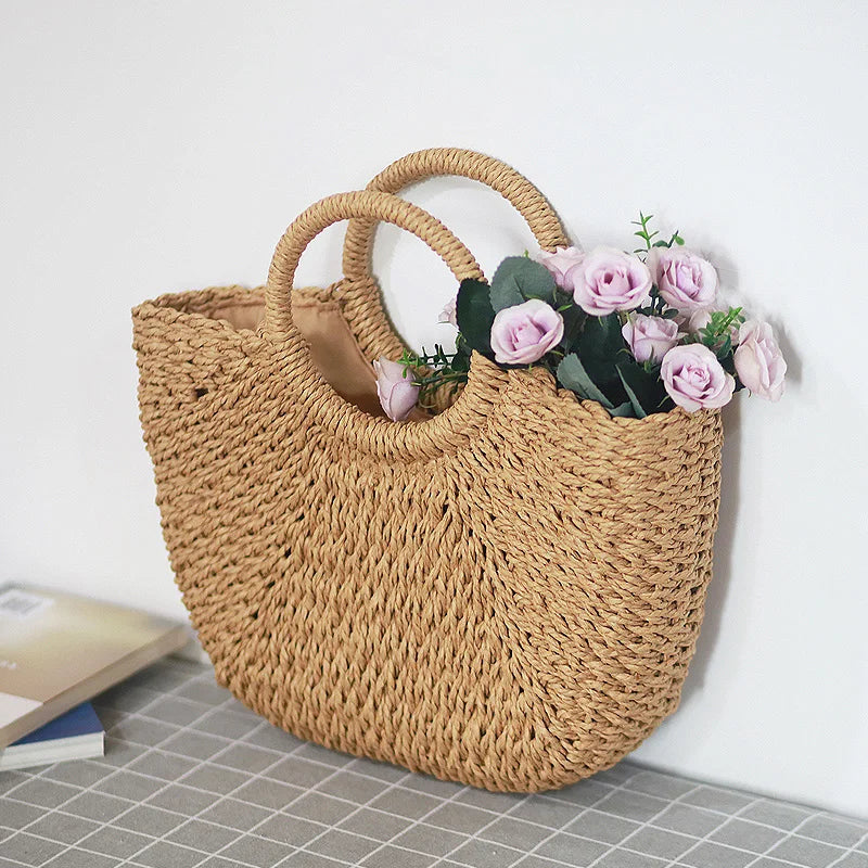 Moon-Shaped Handmade Straw Beach Bag – Boho Chic Summer Tote Handbag for Women & Holiday Travel