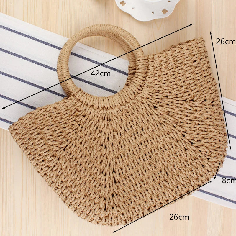 Moon-Shaped Handmade Straw Beach Bag – Boho Chic Summer Tote Handbag for Women & Holiday Travel
