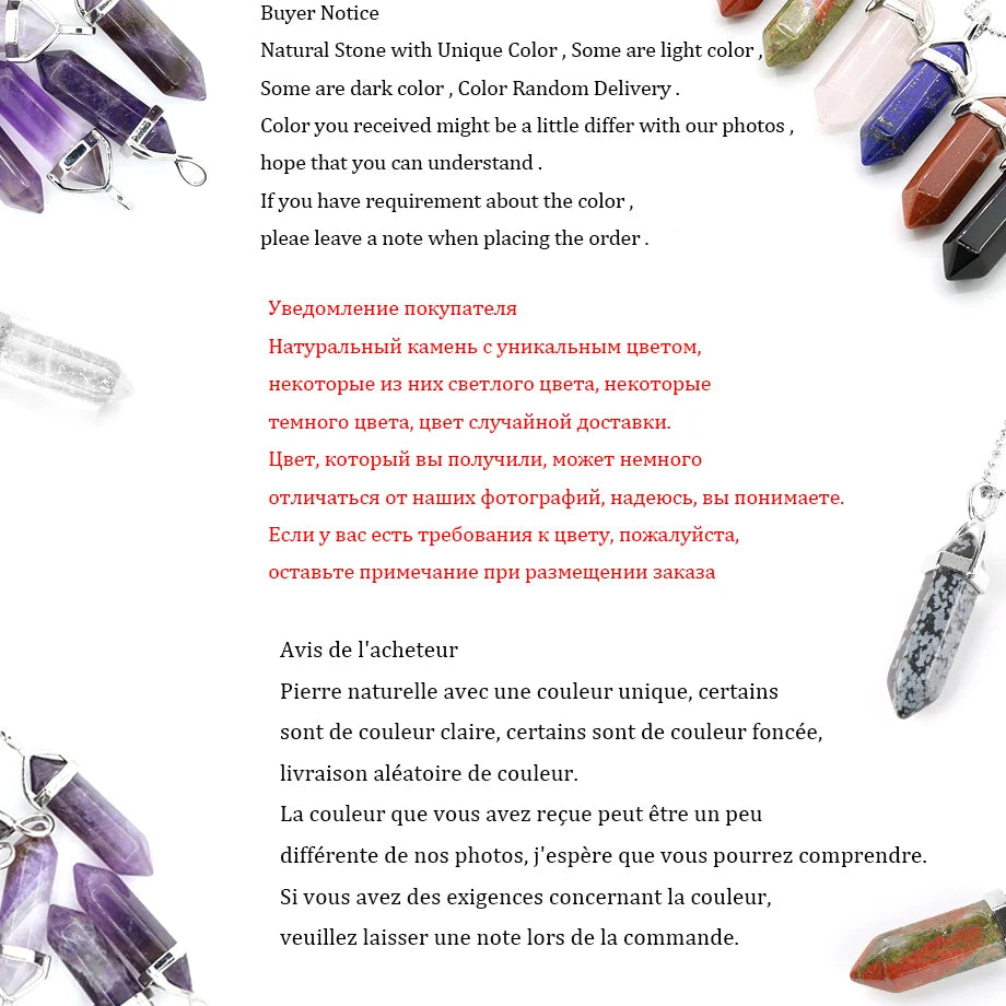 Natural Gemstone Hexagonal Bullet Necklace Quartz Crystal Pendant Chakra Healing Reiki Jewellery