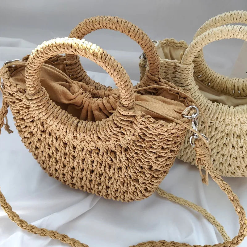 Moon-Shaped Handmade Straw Beach Bag – Boho Chic Summer Tote Handbag for Women & Holiday Travel