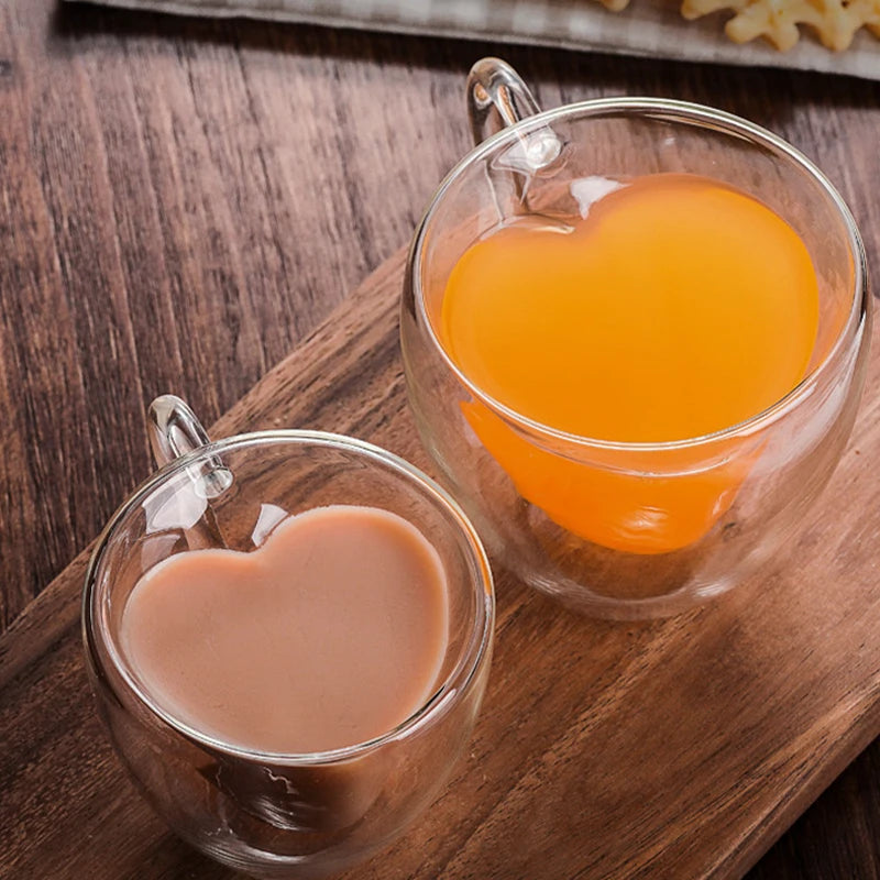 Heart Love Shaped Double Glass Mug Heat Resistant Transparent Coffee Tea Cup Romantic Gift