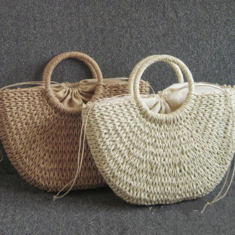 Moon-Shaped Handmade Straw Beach Bag – Boho Chic Summer Tote Handbag for Women & Holiday Travel