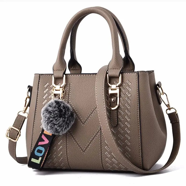 YOGODLNS Women's Embroidery Messenger Bag Leather Handbag Satchel with Fur Hair Ball Accessory