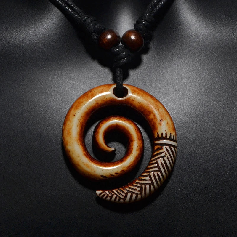 NZ Maori Spiral Koru Pendant Necklace Tribal Resin Choker Adjustable Rope Unisex Vintage Amulet