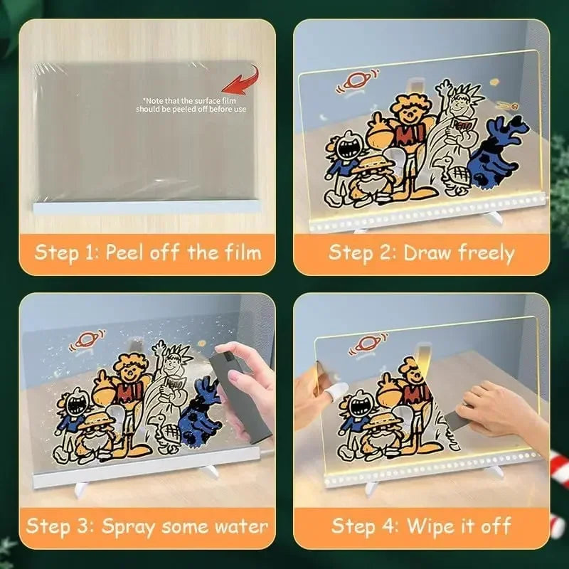 Magic LED glow drawing board for kids with acrylic memo pad, 7 colour markers pens and stand