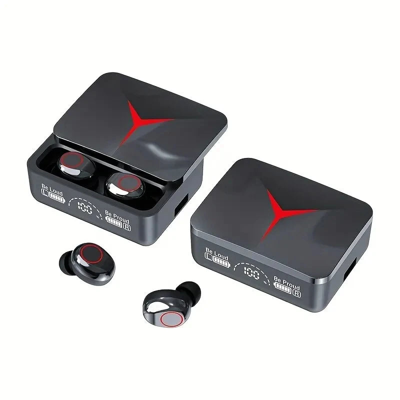TWS M90 Wireless Earbuds with sliding cover, Bluetooth 5.3, and noise reduction microphone.