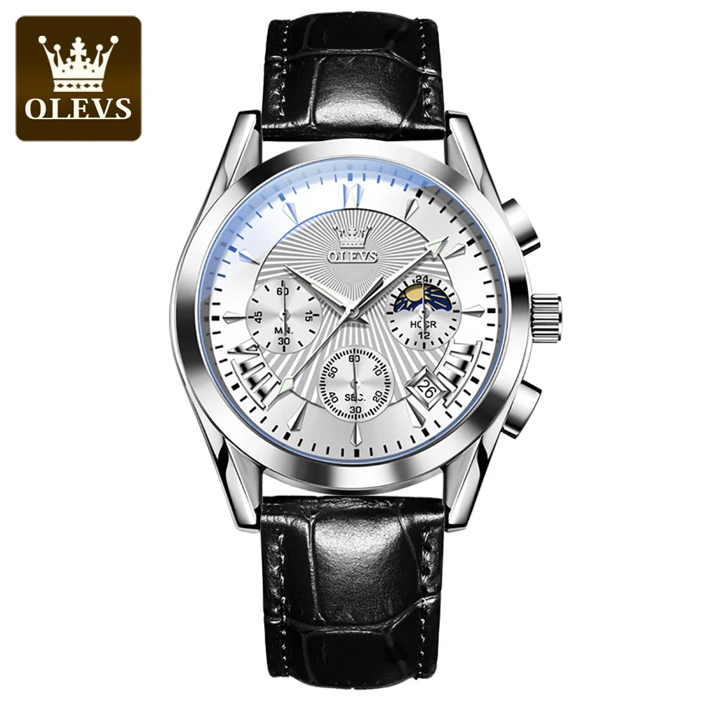 OLEVS Luxury Men’s Quartz Watch Waterproof Chronograph Wristwatch with Leather Strap for Business