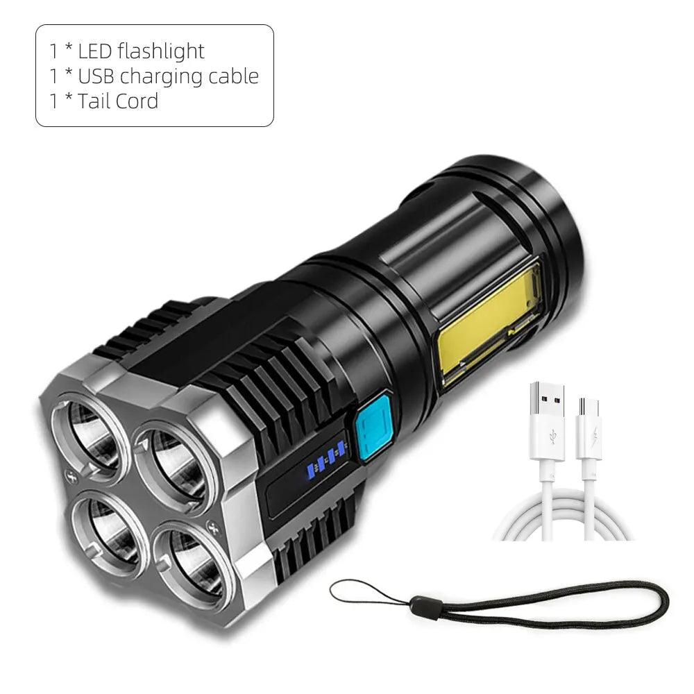 High Power LED Flashlight Camping Torch with 4 Lamp Beads COB Side Light Rechargeable