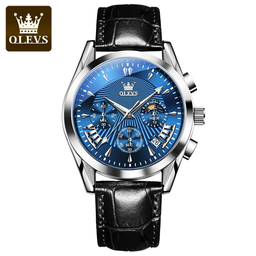 OLEVS Luxury Men’s Quartz Watch Waterproof Chronograph Wristwatch with Leather Strap for Business