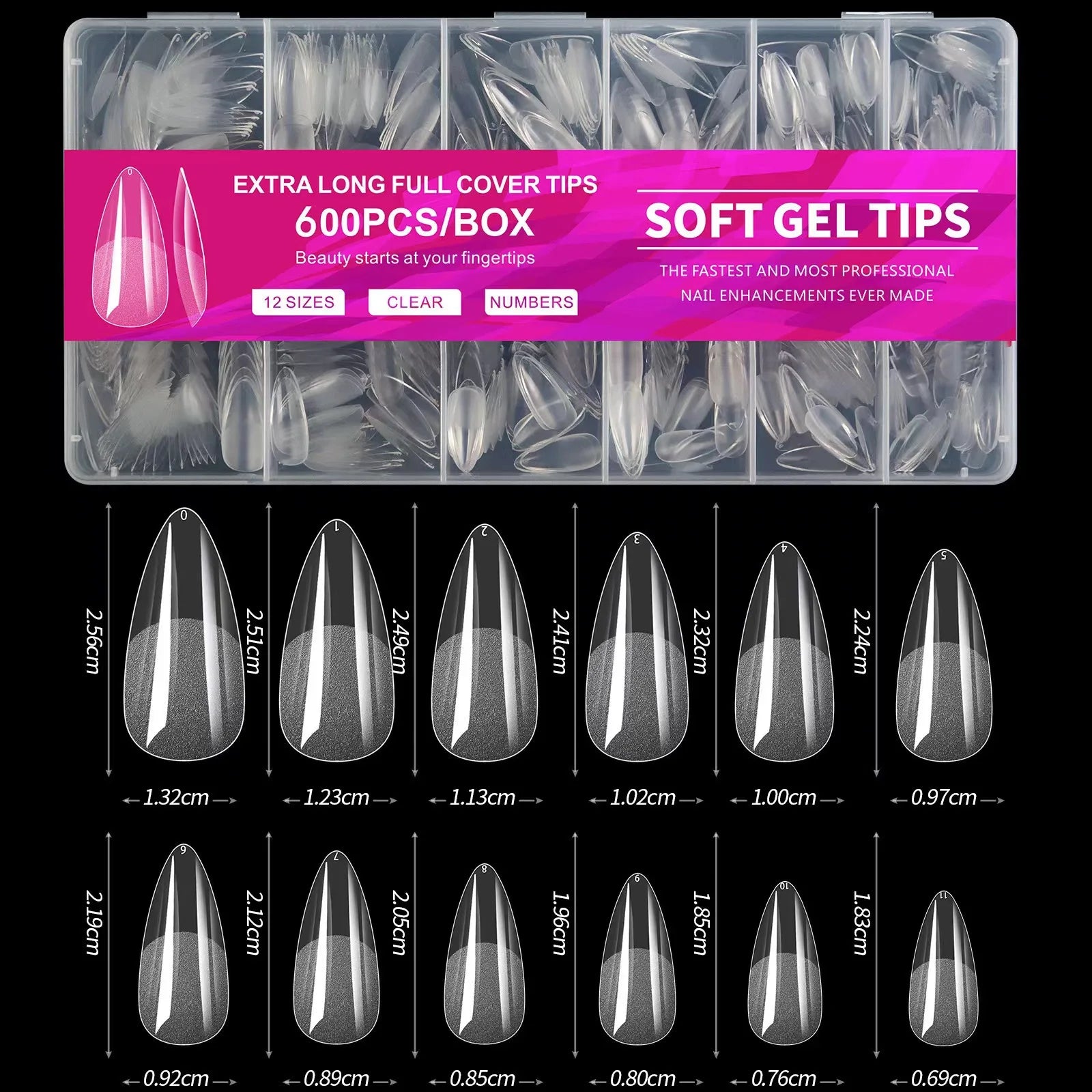 600PCS Soft Gel Nail Tips Half Matte Clear Acrylic ALMOND False Nails for Extension Manicure Tools