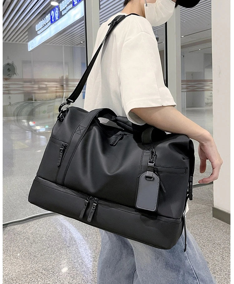 Men's Large Capacity Travel Bag Waterproof PU Leather Duffle Gym Shoulder Handbag