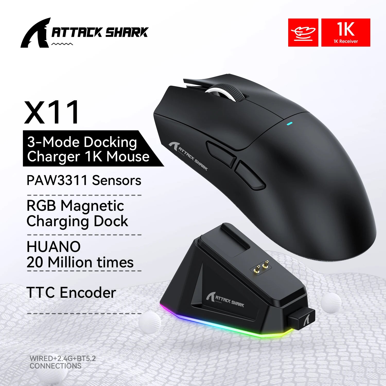 ATTACK SHARK X11 Wireless Gaming Mouse 22000DPI RGB Lightweight Tri-Mode with Charging Base