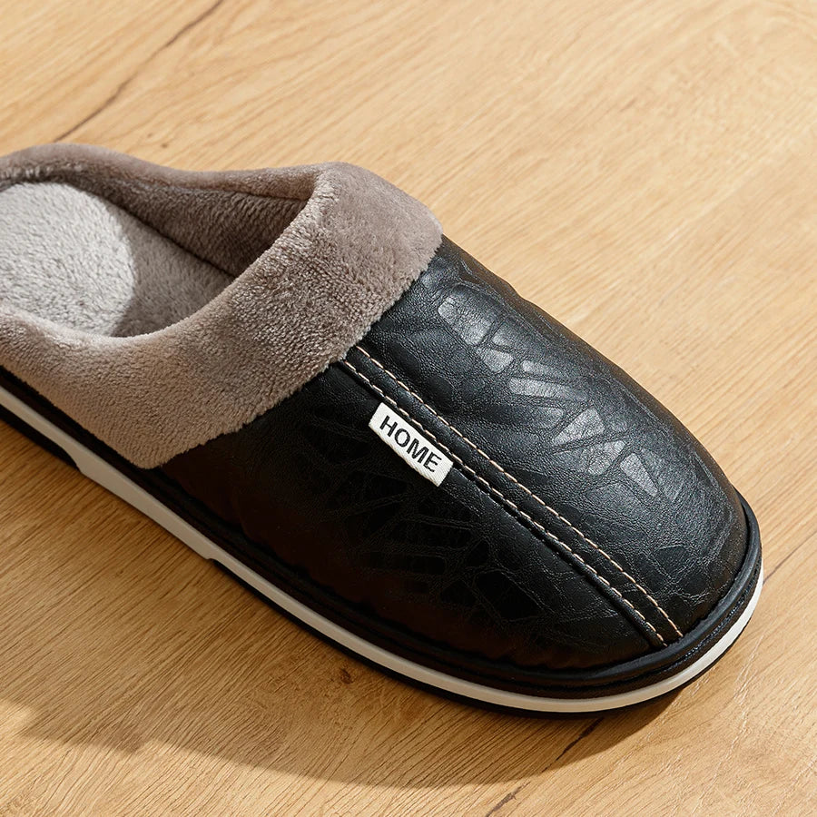 Men's Waterproof PU Leather Slippers – Big Size Indoor Fur-Lined House Shoes