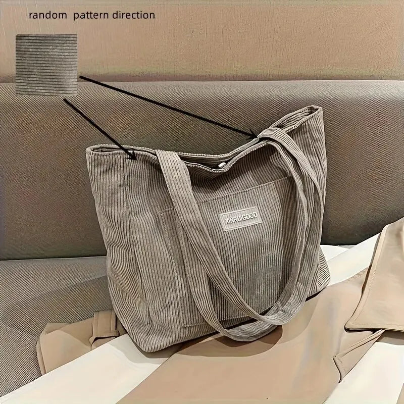 Trendy Corduroy Tote Bag with Front Pocket Large Capacity Casual Shoulder Handbag for Women