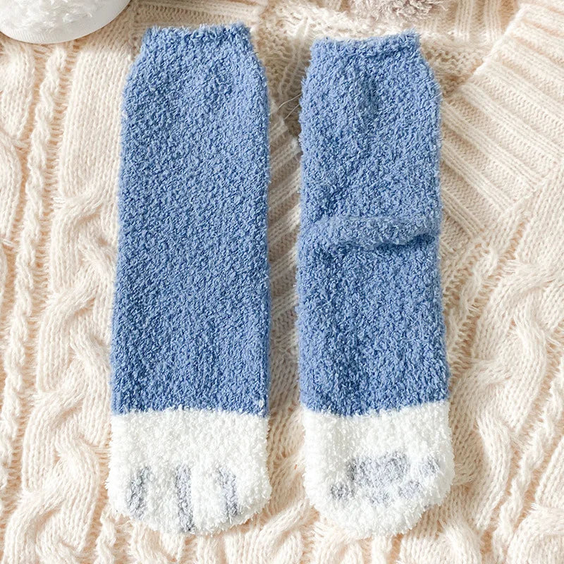 Autumn Winter Coral Velvet Cat Claw Socks – Warm Middle Tube Sleep & Floor Socks for Women Girls