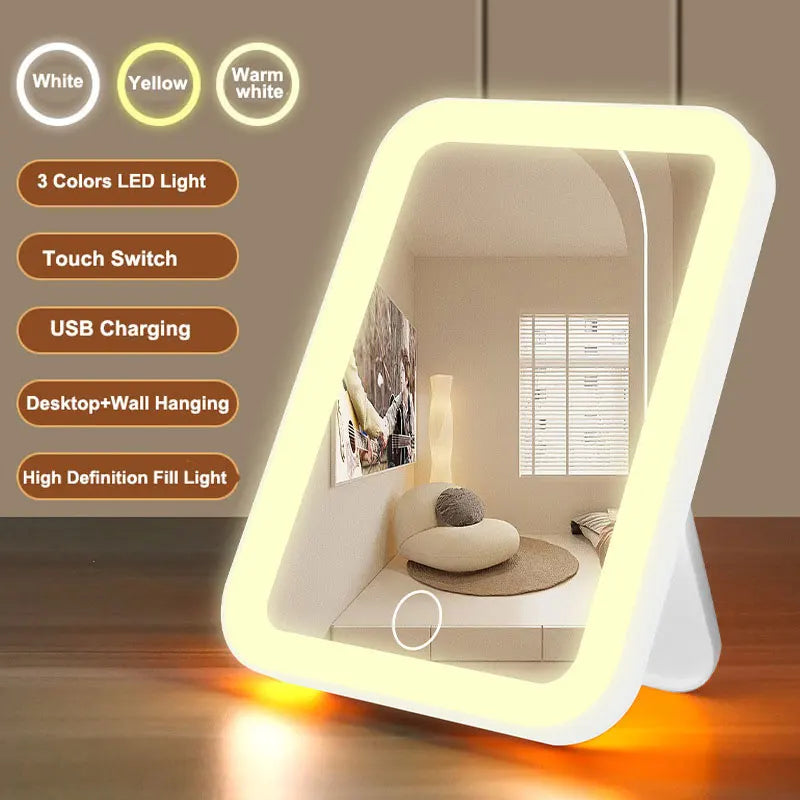 LED Vanity Mirror Portable 3 Colours Touch Screen USB Rechargeable Dimmable Makeup Mirror