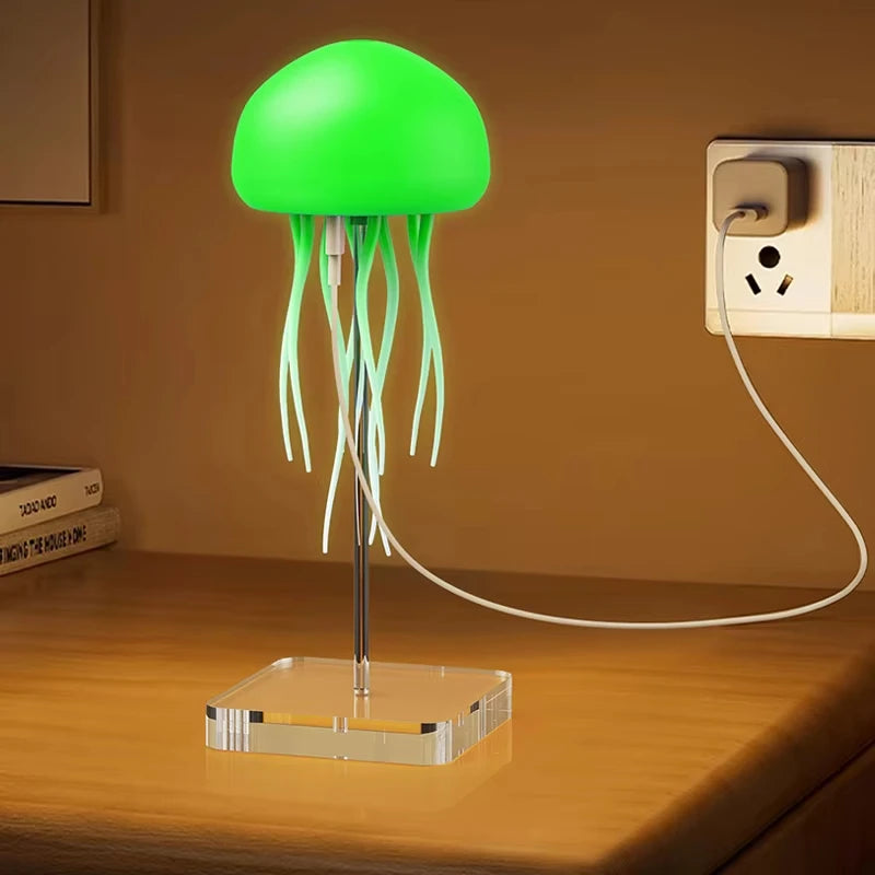 Cartoon Jellyfish LED Night Light RGB Rotating Bedside Lamp Voice Control Table Room Decoration