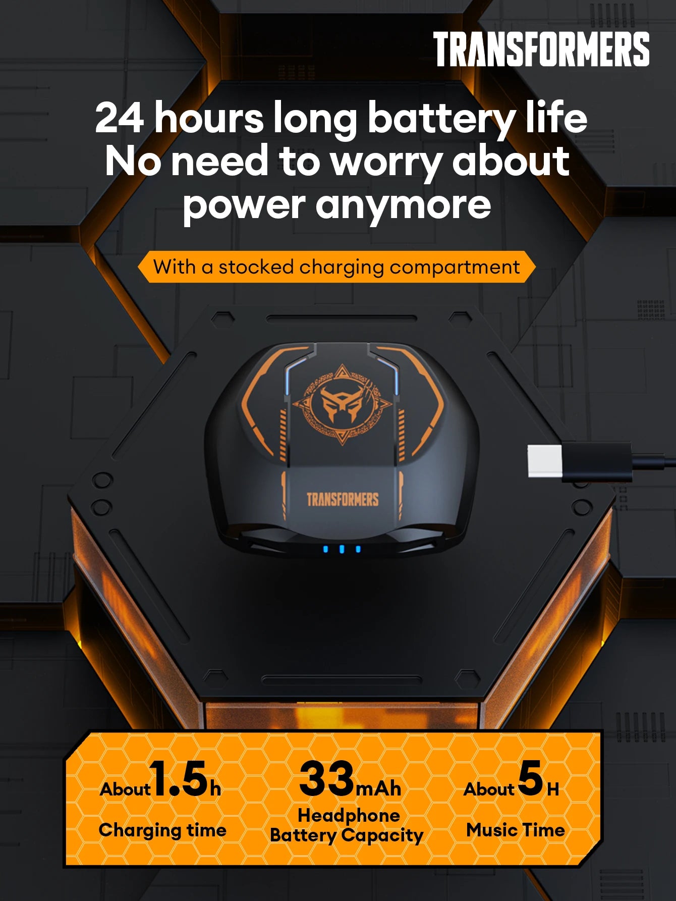 Transformers TF-T06 gaming earbuds showcasing 24-hour battery life, fast charging, and built-in charging compartment.