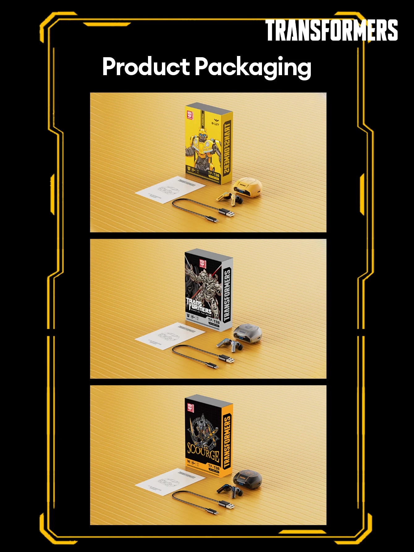 Transformers TF-T06 Bluetooth 5.3 earbuds product packaging showcase with three different boxes.