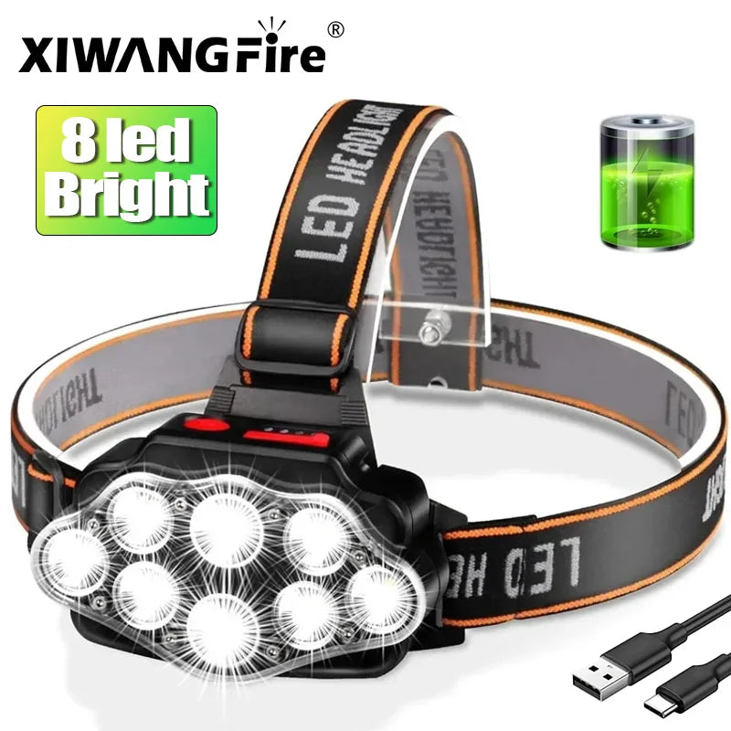 8 LED Rechargeable Headlamp, Waterproof Design, 4 Light Modes for Camping, Hiking, Fishing and Work