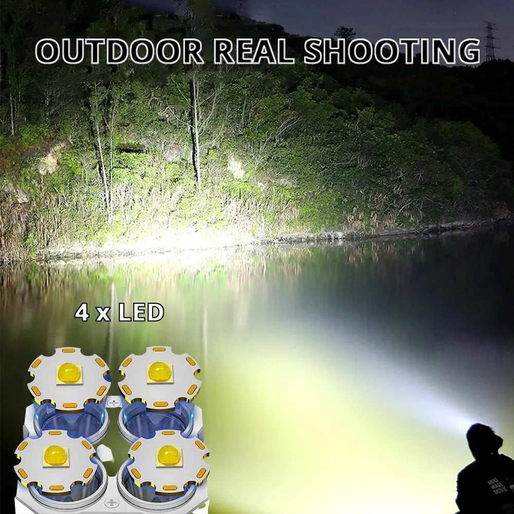 High Power LED Flashlight Camping Torch with 4 Lamp Beads COB Side Light Rechargeable