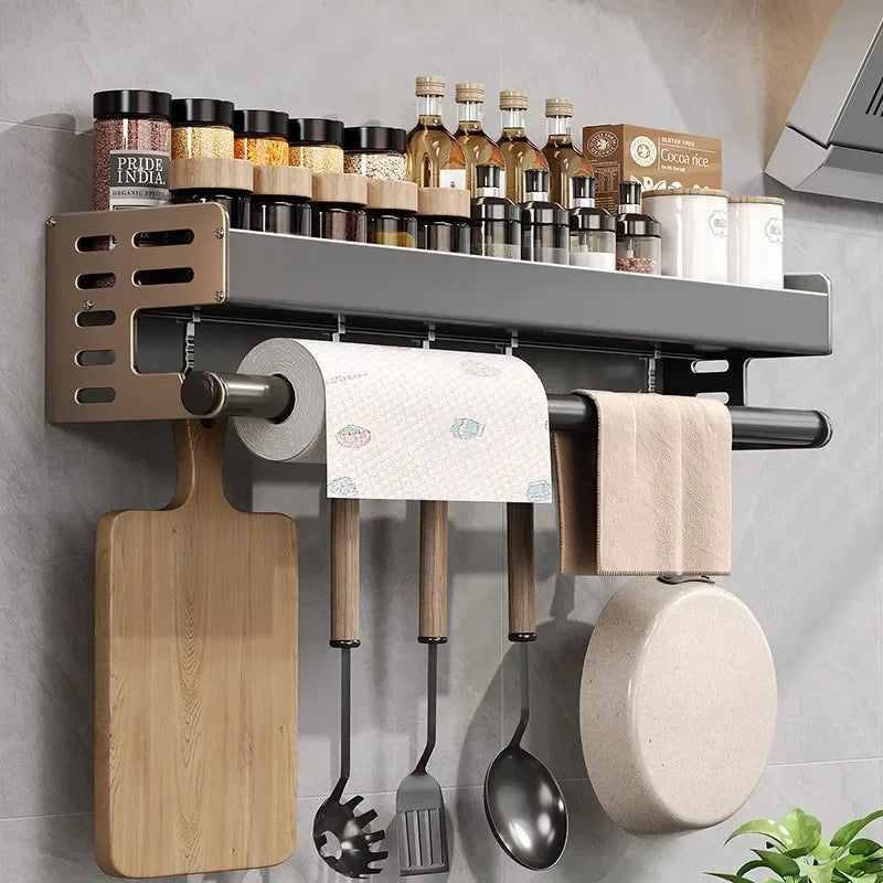 Multi-Functional Wall-Mounted Kitchen Storage Rack | Metal Seasoning & Condiment Organiser