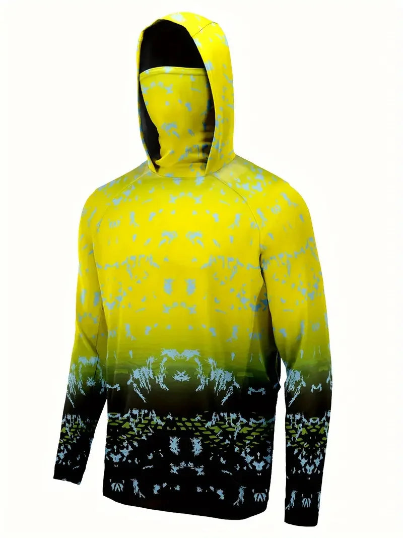 Men Hooded Fishing Shirt Outdoor Summer Mask Hoodie UV Sun Protection Quick-Dry Performance Jersey