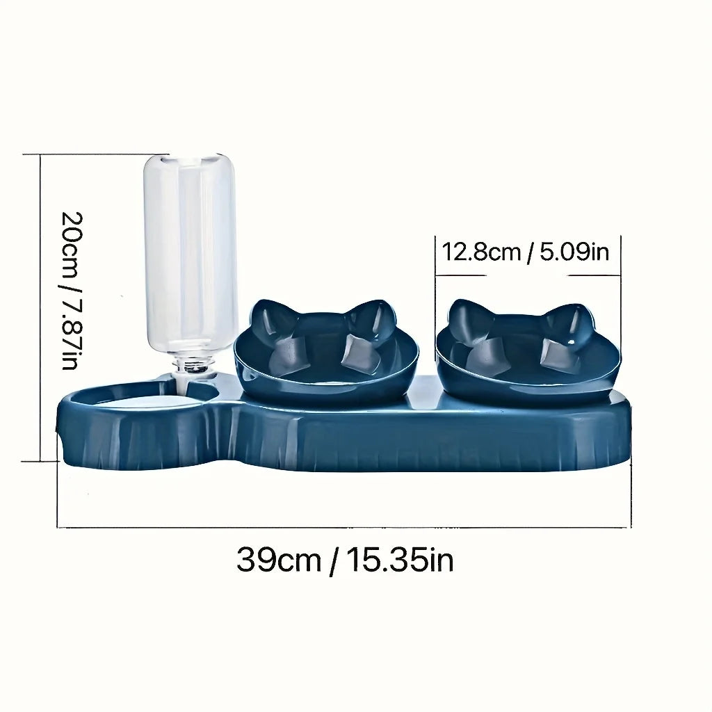 3 in 1 Tilted Cat Bowl Set with Gravity Water Bottle Feeder for Neck Protection | No Brand Name