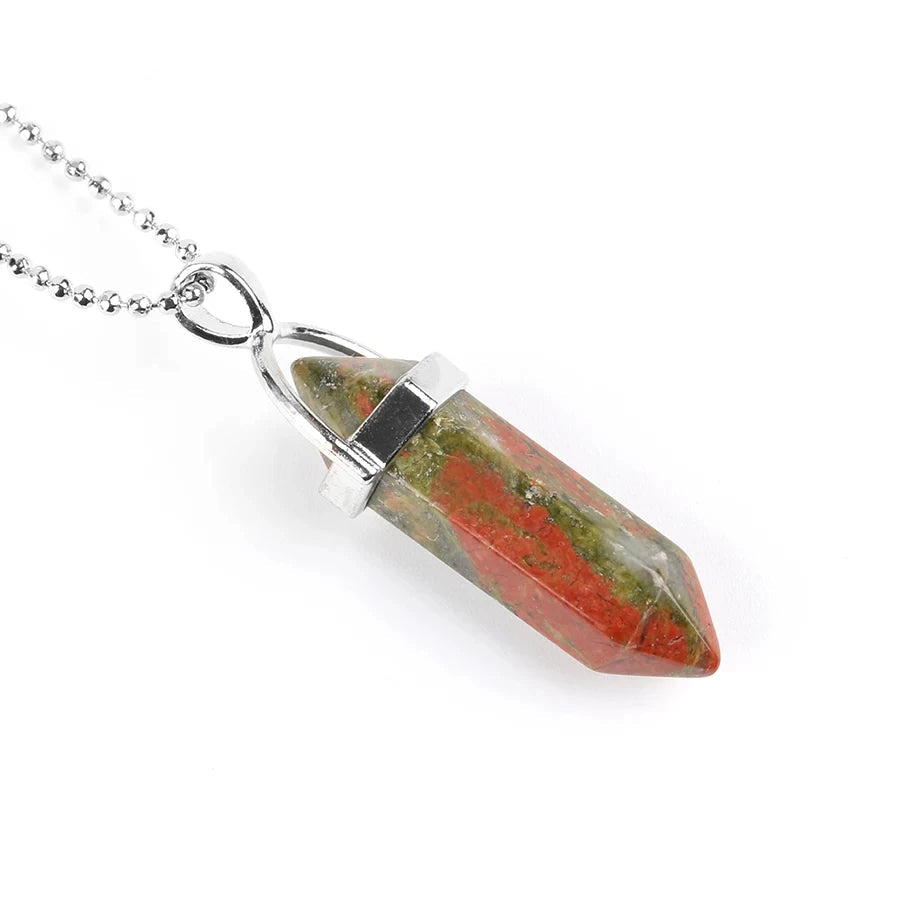 Natural Gemstone Hexagonal Bullet Necklace Quartz Crystal Pendant Chakra Healing Reiki Jewellery