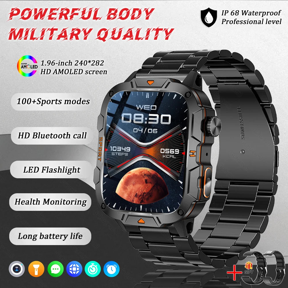 GUHUAVMI 2025 military grade smart watch men 1.96" amoled 5atm waterproof fitness tracker calls