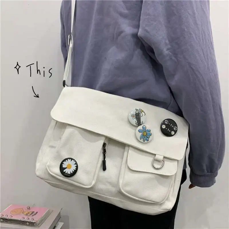 Cute Canvas Shoulder Bag for Women – Harajuku Crossbody Messenger Pouch, Casual Small Bag for Girls