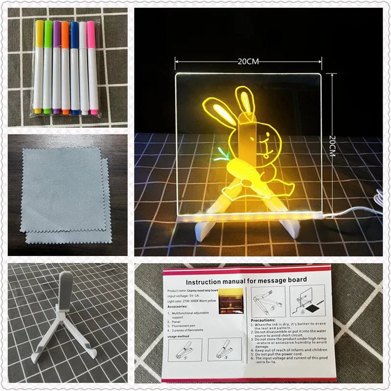 Magic LED glow drawing board for kids with acrylic memo pad, 7 colour markers pens and stand