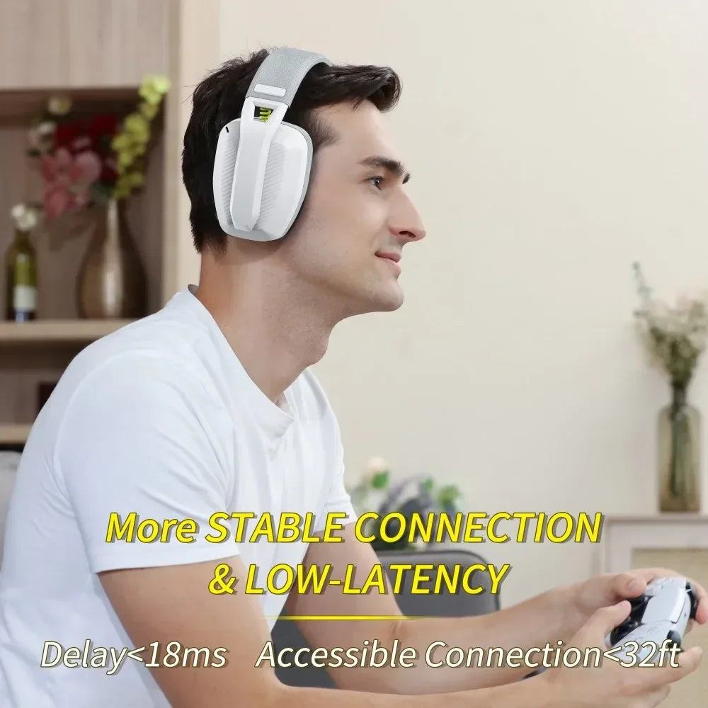 Man using BINNUNE BW06 Wireless Gaming Headset, showcasing its stable connection and low latency features.