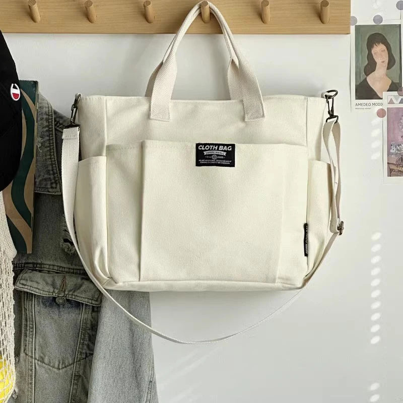 Urban Minimalist Canvas Tote Bag Large Capacity Shoulder Crossbody Bag for Women Students Commuting