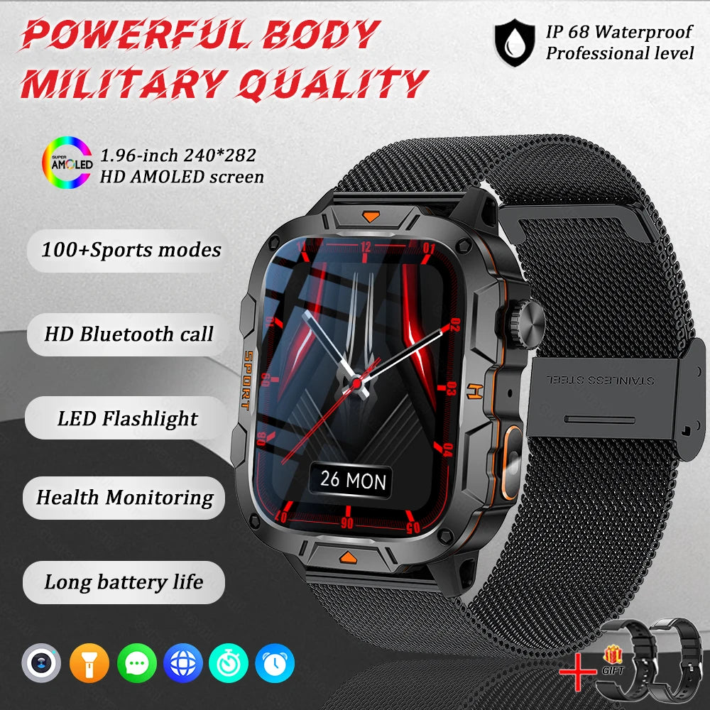 GUHUAVMI 2025 military grade smart watch men 1.96" amoled 5atm waterproof fitness tracker calls