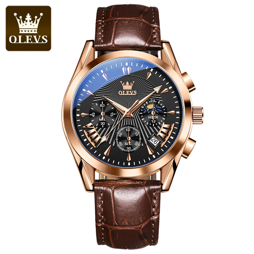 OLEVS Luxury Men’s Quartz Watch Waterproof Chronograph Wristwatch with Leather Strap for Business